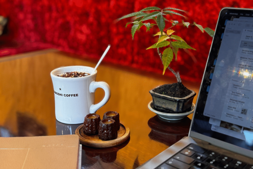 Coffee, sweets and some paper work done from Akaboshi Coffee in Kotohira